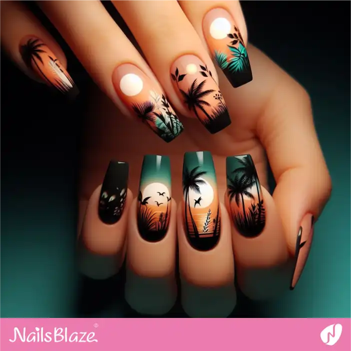 Tropical Sunset with Palm Tree Nail Design| Tropical-NB-D-105